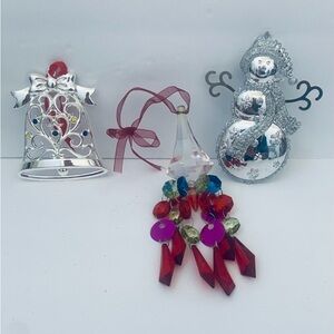 Christmas Holiday Ornament Set Of 3 Lenox Silver Bell Crystal Chandelier Snowman